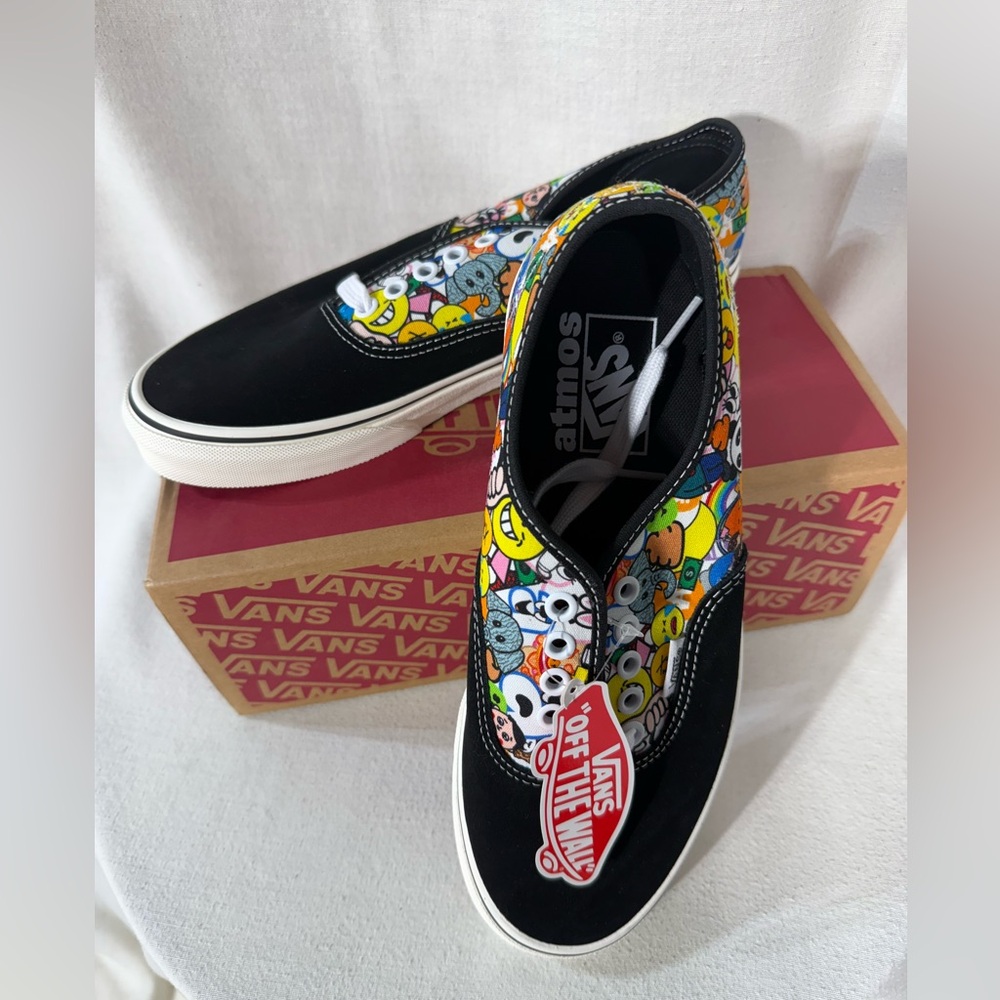 Vans Black Slip-On Sneakers with Multicolor Cartoon Art Size Women 10 Men 8.5